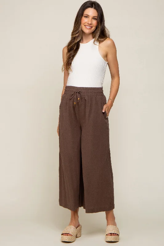 Brown Drawstring Wide Leg Maternity Pants