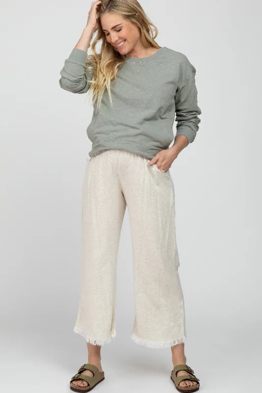 Cream Linen Frayed Hem Crop Maternity Pants