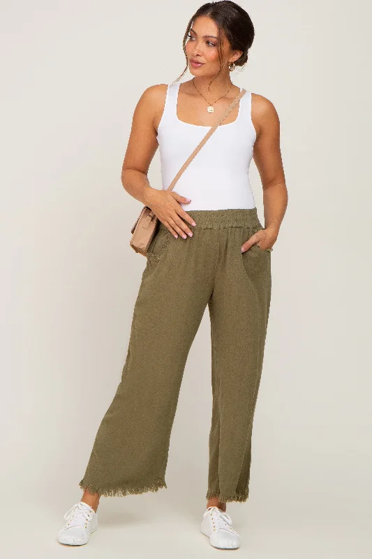 Olive Linen Frayed Hem Crop Maternity Pants