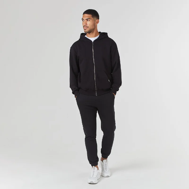 Relaxed Fit Full Zip Tracksuit | Black