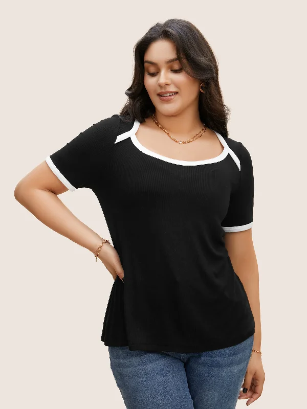 Asymmetrical Neck Contrast Trim Pit Strip T-shirt