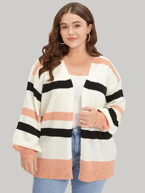 Colorblock Contrast Elastic Cuffs Open Front Cardigan