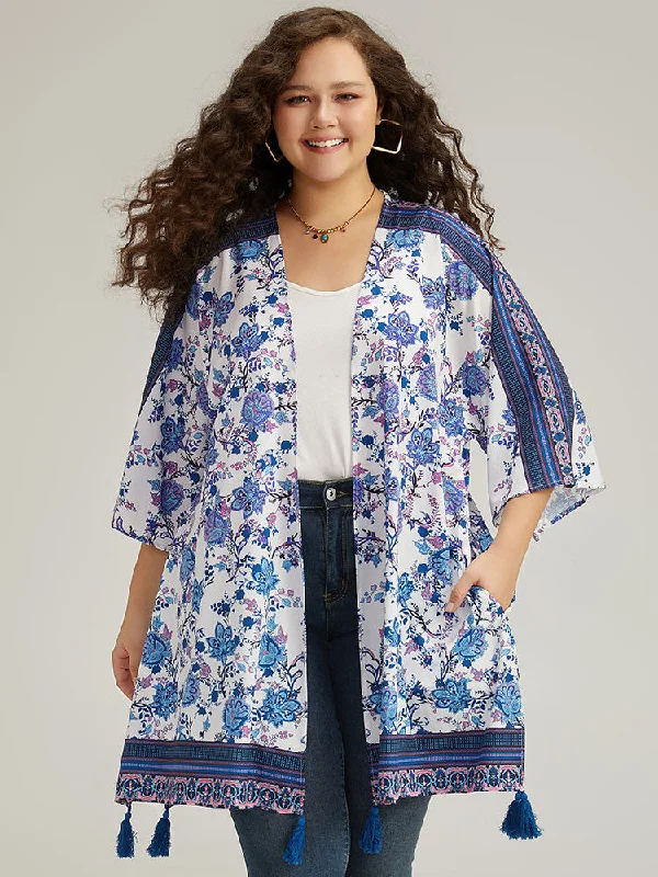 Floral Print Tassels Trim Split Side Kimono