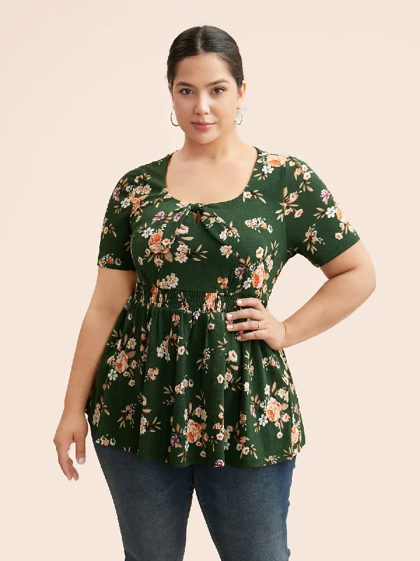 Floral Tie Knot Shirred Jersey Top