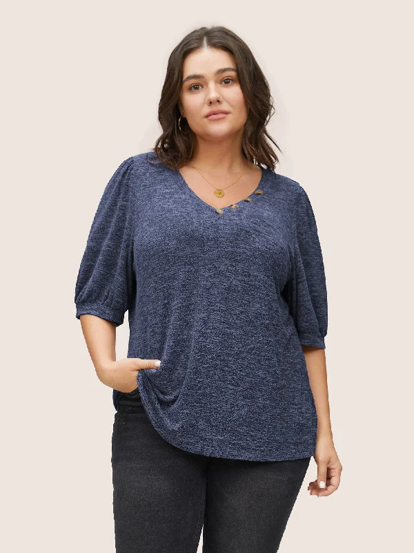 Heather Button Detail Puff Sleeve T-shirt