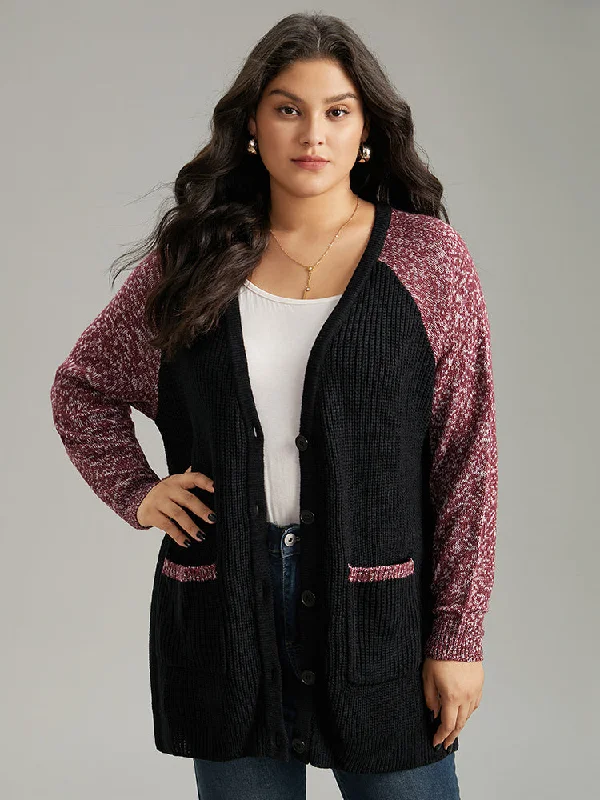 Heather Patchwork Raglan Sleeve Pocket Cardigan