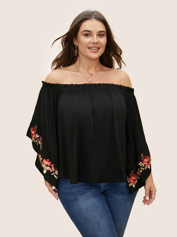 Off Shoulder Floral Embroidered Ruffle Sleeve T-shirt