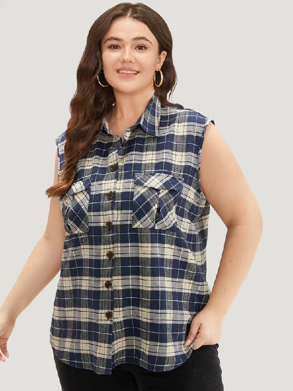 Plaid Flap Pocket Button Up Sleeveless Jacket