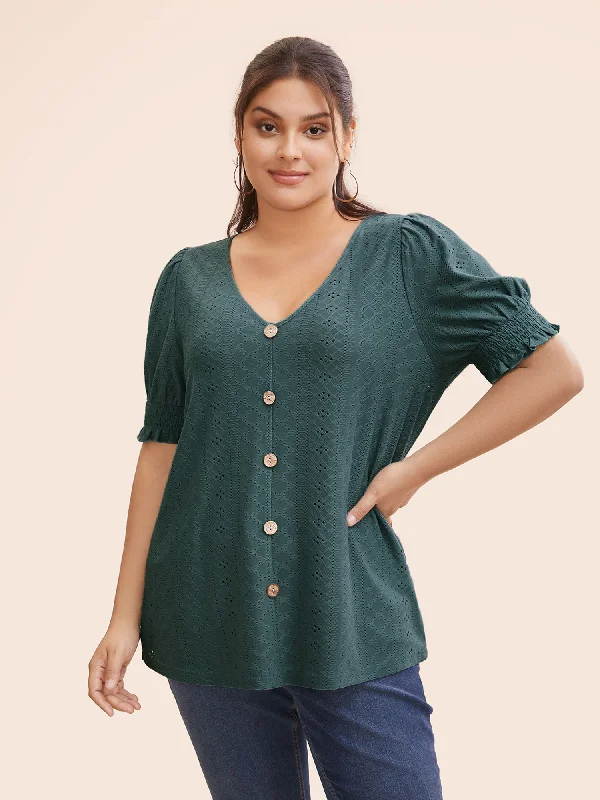 Plain Broderie Anglaise Shirred Puff Sleeve Button Detail T-shirt