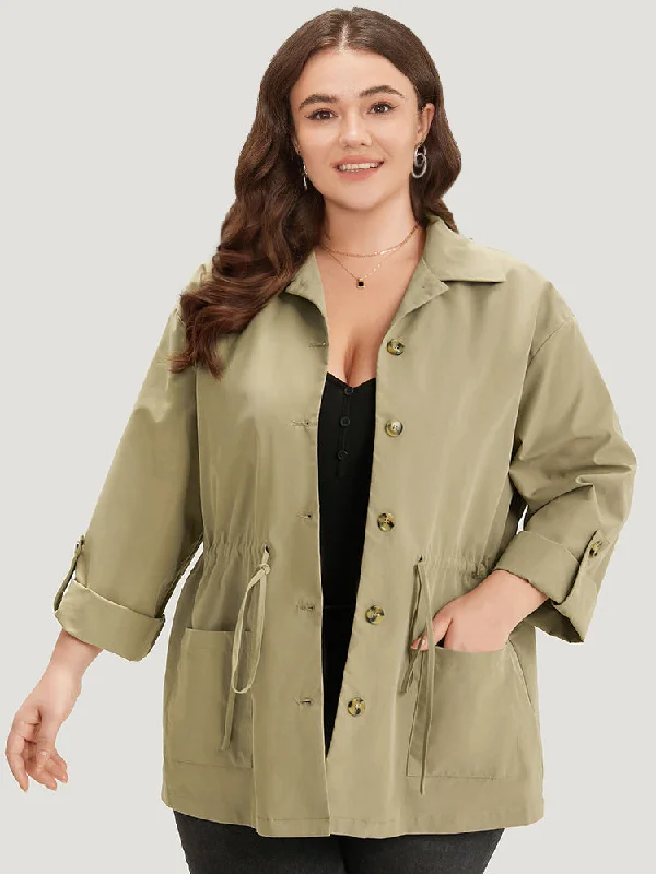 Plain Button Fly Pocket Drawstring Cuffed Sleeve Jacket