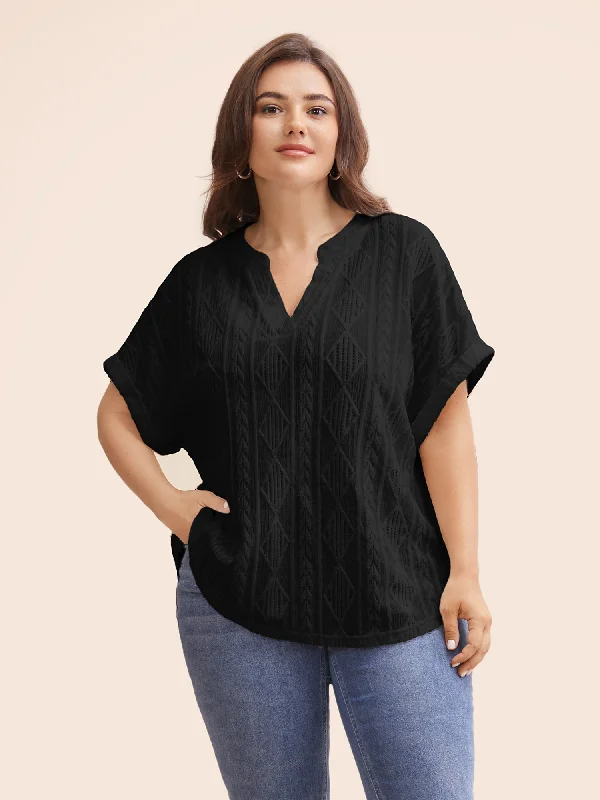 Plain Jacquard Notched Dolman Sleeve T-shirt