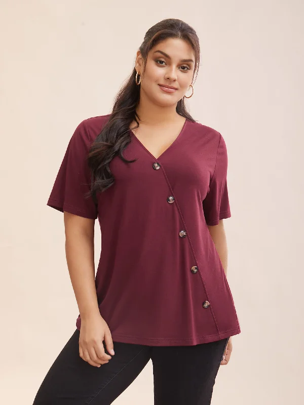 Plain V Neck Button Detail Flutter Sleeve T-shirt