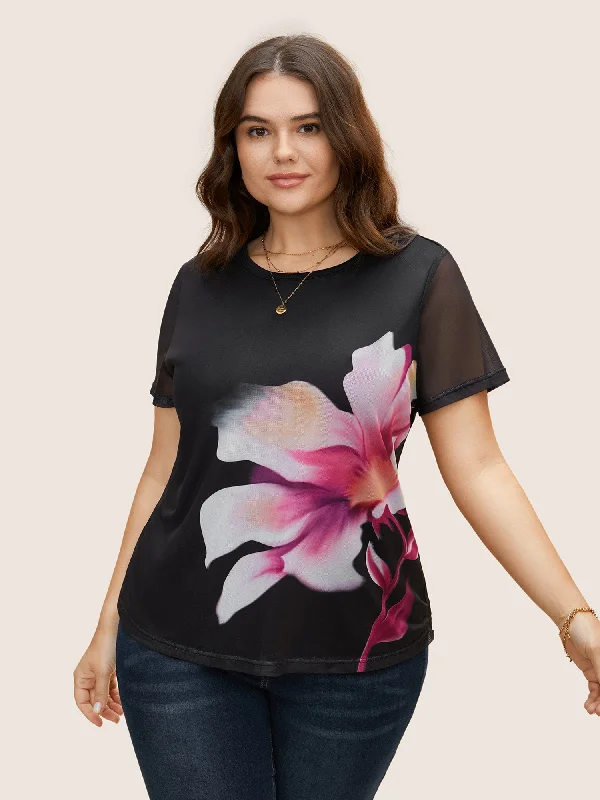 Round Neck Lily Print Patchwork Mesh T-shirt