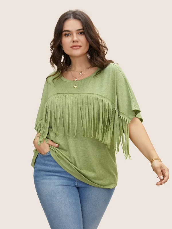 Solid Fringe Trim Batwing Sleeve T-shirt