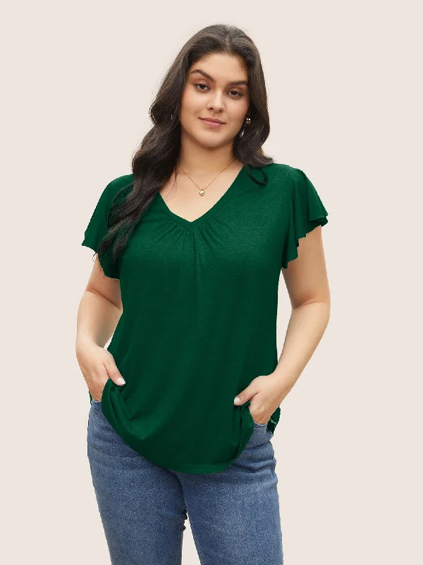 Solid Heather Gathered Ruffle Sleeve T-shirt