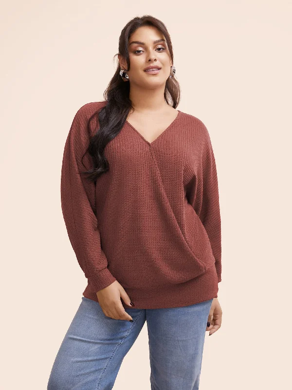 Solid Waffle Knit Wrap Long Sleeve T-shirt