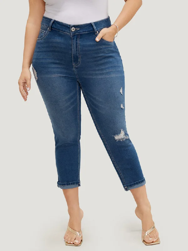 Very Stretchy High Rise Dark Wash Ripped Detail Cropped Jeans