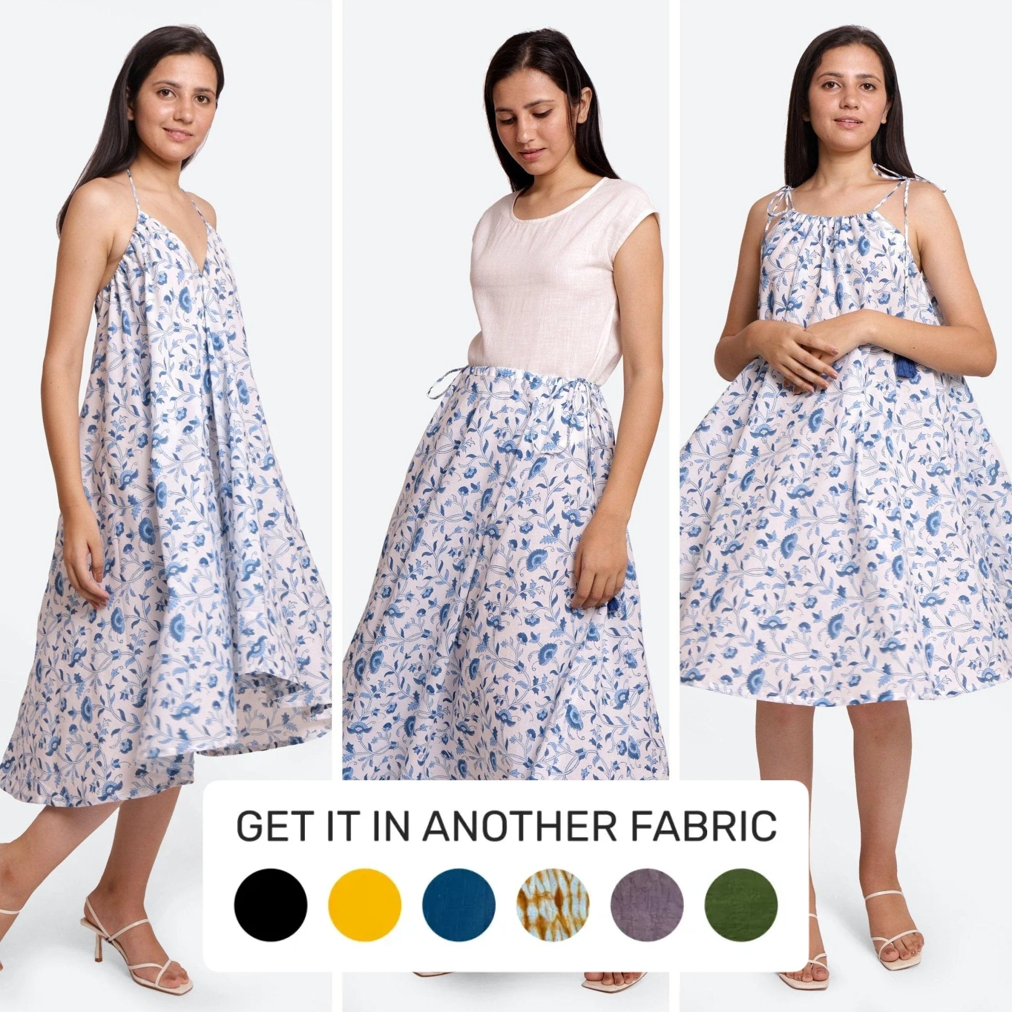 3-Way Convertible Floral Block Print Cotton Skirt Dress