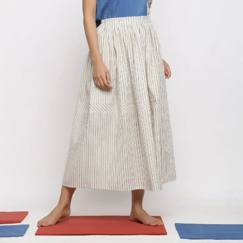 Off-White and Blue Striped Yarn Dyed Cotton Gathered Maxi Skirt