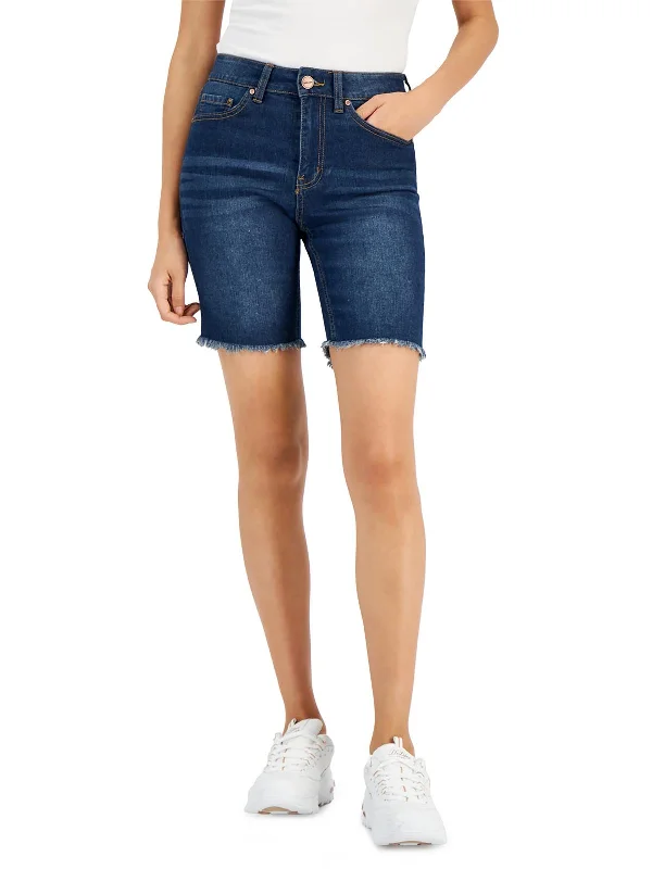 Juniors Womens Dark Wash Raw Hem Bermuda Shorts