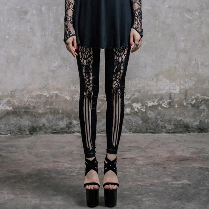 Women's Goth Punk Leggings With Lace Insets