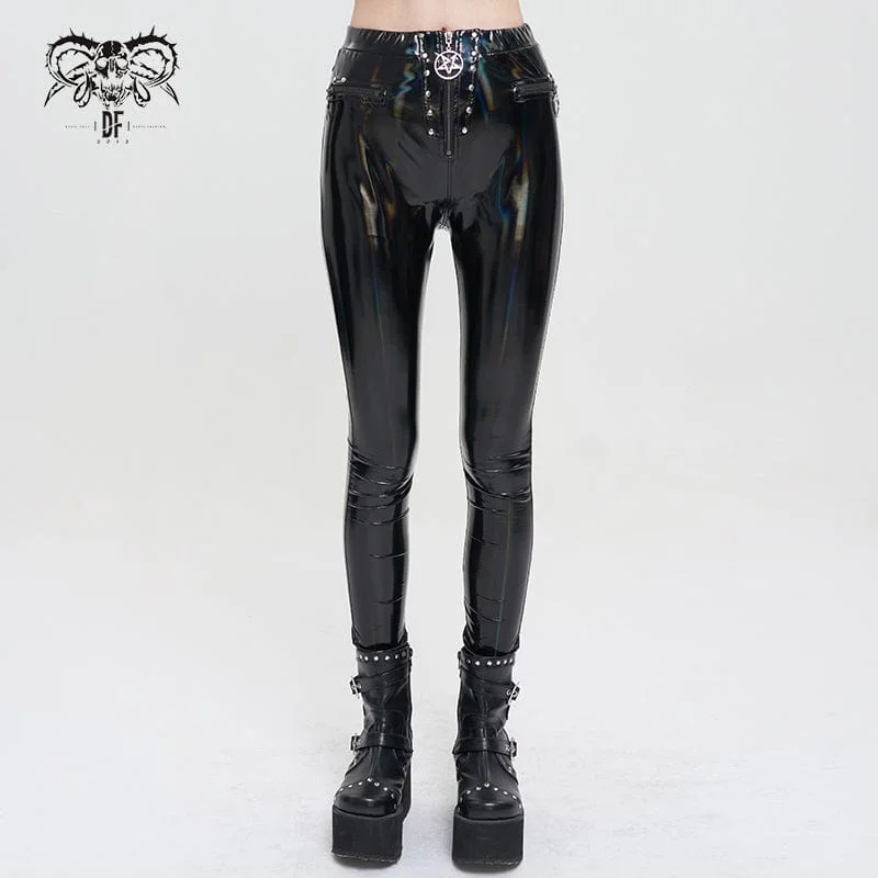 Women's Punk Faux Patent Leather Star Zipper Leggings