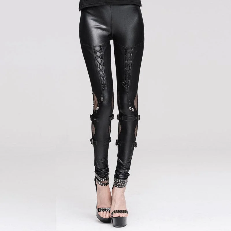 Women's Punk Lacing-up Cutout Faux Leather Leggings