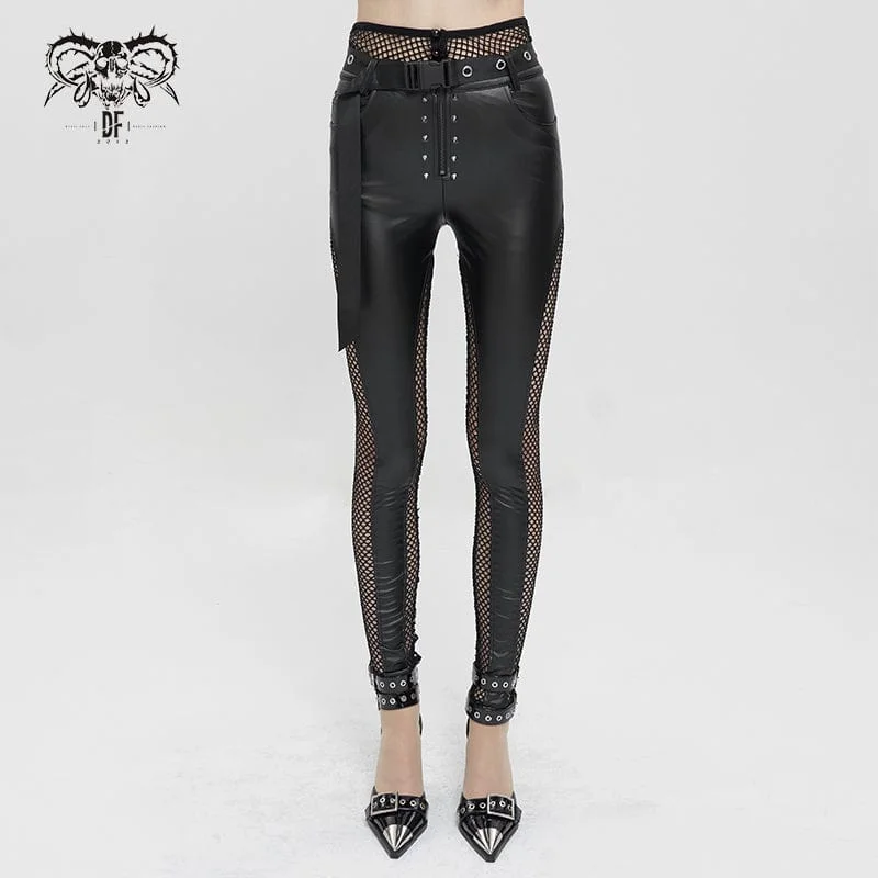 Women's Punk Mesh Splice Rivets Leggings with Belt