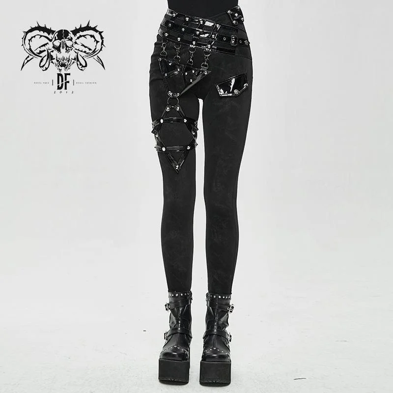 Women's Punk Pentagram Leggings with Faux Leather Strap