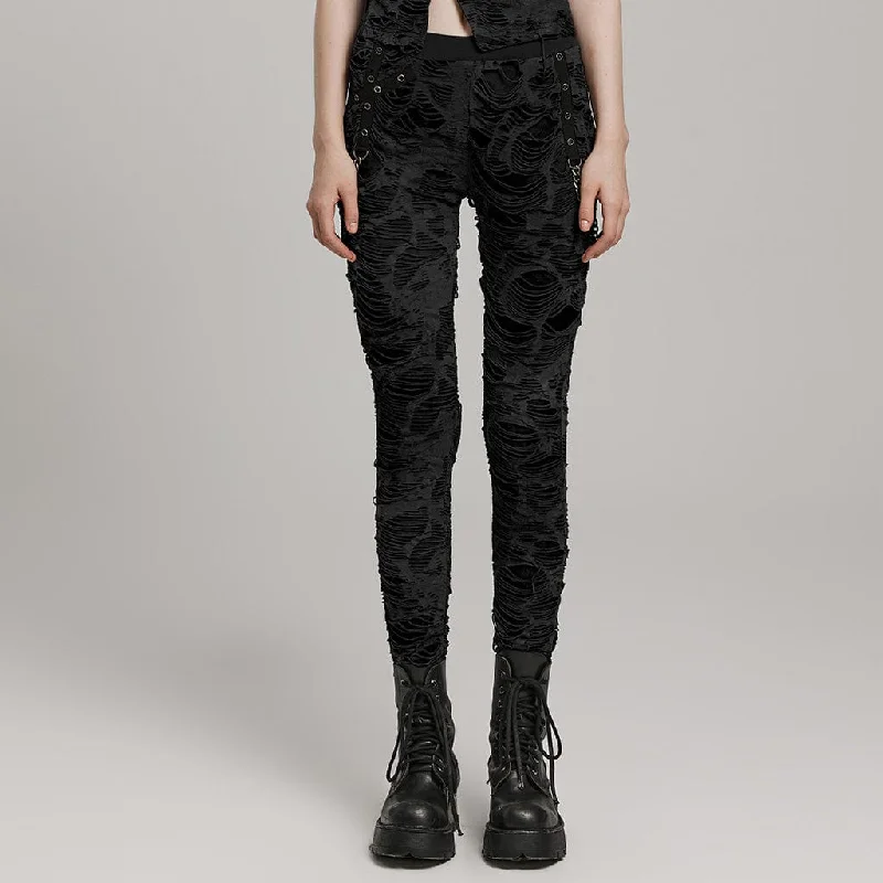 Women's Punk Ripped Eyelet Chain Leggings